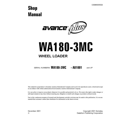 Komatsu WA180-3-MC (SN from A81001) 4WD Wheeled Loaders (Japan) Workshop Manual (CEBD005002) Komatsu WA180-3-MC (SN from A81001) 4WD Wheeled Loaders (Japan) Workshop Manual (CEBD005002)