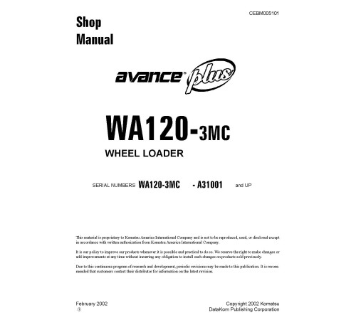 Komatsu WA120-3-MC (SN from A31001) 4WD Wheeled Loaders (Japan) Workshop Manual (CEBD005101) Komatsu WA120-3-MC (SN from A31001) 4WD Wheeled Loaders (Japan) Workshop Manual (CEBD005101)