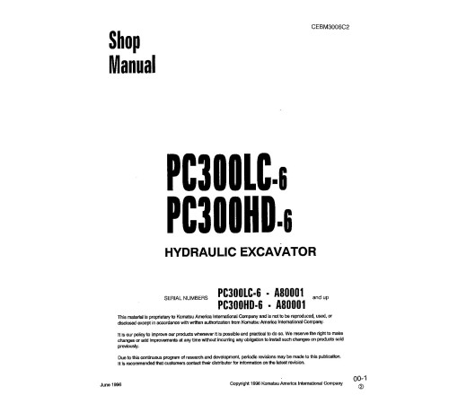 Komatsu PC300HD-6 and PC300LC-6 (SN: A80001-83000) Crawler Excavators (USA) Workshop Manual (CEBD3006C2) Komatsu PC300HD-6 and PC300LC-6 (SN: A80001-83000) Crawler Excavators (USA) Workshop Manual (CEBD3006C2)