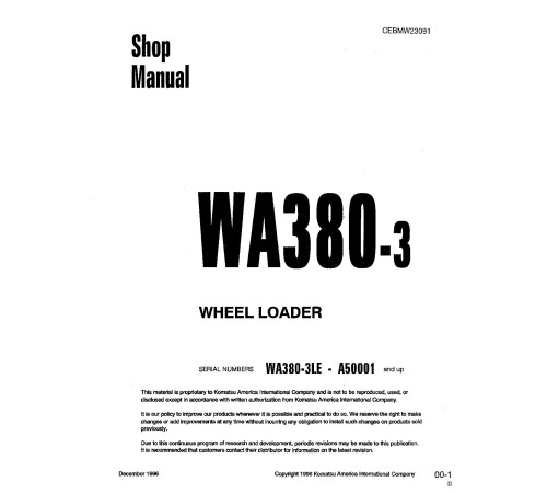 Komatsu WA380-3-L (SN from A50001) 4WD Wheeled Loaders (Japan) Workshop Manual (CEBMW23091) Komatsu WA380-3-L (SN from A50001) 4WD Wheeled Loaders (Japan) Workshop Manual (CEBMW23091)