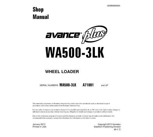 Komatsu WA500-3-LK (SN from A71001) 4WD Wheeled Loaders (Japan) Workshop Manual (CEBM005403) Komatsu WA500-3-LK (SN from A71001) 4WD Wheeled Loaders (Japan) Workshop Manual (CEBM005403)