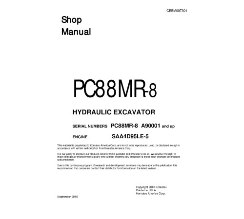 Komatsu PC88MR-8 (SN from A90001) Crawler Excavators (USA) Workshop Manual (CEBM007301) Komatsu PC88MR-8 (SN from A90001) Crawler Excavators (USA) Workshop Manual (CEBM007301)