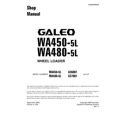 Komatsu WA450-5-L and WA480-5-L 4WD Wheeled Loaders Workshop Manual (CEBM009605) Komatsu WA450-5-L and WA480-5-L 4WD Wheeled Loaders Workshop Manual (CEBM009605)