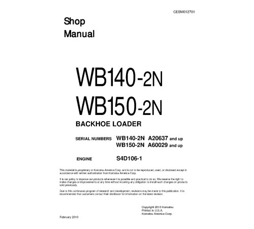 Komatsu WB140-2-N and WB150-2-N Backhoe Loaders (USA) Workshop Manual (CEBM012701) Komatsu WB140-2-N and WB150-2-N Backhoe Loaders (USA) Workshop Manual (CEBM012701)