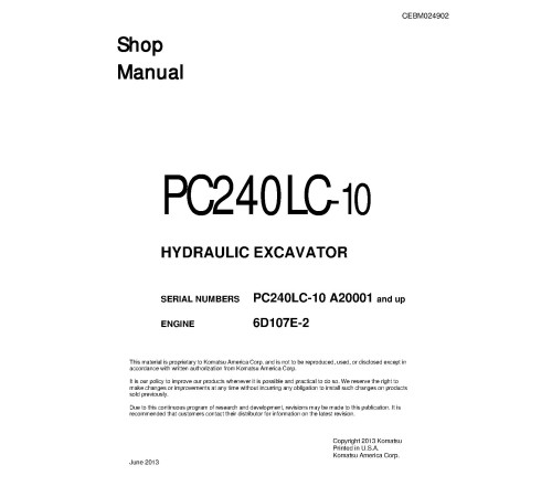 Komatsu PC240LC-10 (SN from A20001) Crawler Excavators (USA) Workshop Manual (CEBM024902) Komatsu PC240LC-10 (SN from A20001) Crawler Excavators (USA) Workshop Manual (CEBM024902)