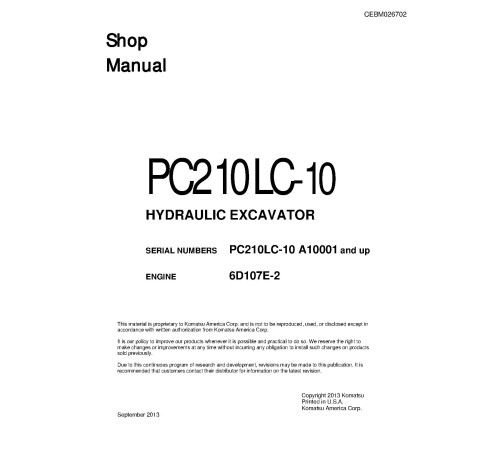 Komatsu PC210LC-10 (SN from A10001) Crawler Excavators (USA) Workshop Manual (CEBM026702) Komatsu PC210LC-10 (SN from A10001) Crawler Excavators (USA) Workshop Manual (CEBM026702)