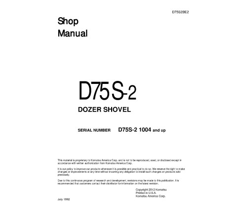 Komatsu D75S-2 (SN from 1004) Crawler Loaders (Japan) Workshop Manual (D75S2BE2) Komatsu D75S-2 (SN from 1004) Crawler Loaders (Japan) Workshop Manual (D75S2BE2)