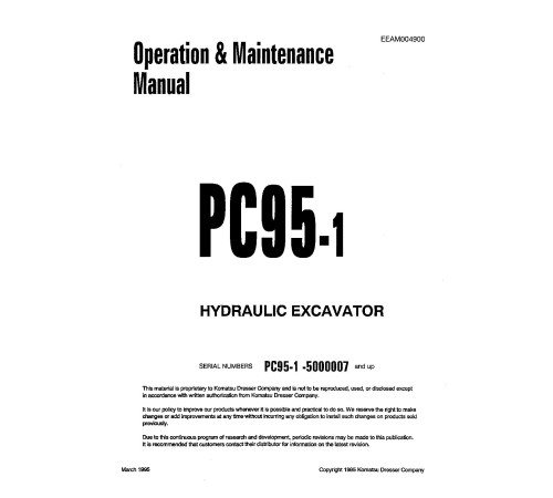 Komatsu PC95-1 (SN: R5000007-5001616) Crawler Excavators (Italy) Operate and Maintenance manual (EEAD004900) Komatsu PC95-1 (SN: R5000007-5001616) Crawler Excavators (Italy) Operate and Maintenance manual (EEAD004900)
