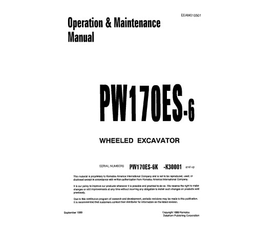 Komatsu PW170ES-6K (SN: K30001-32000) Wheeled Excavators (USA) Operate and Maintenance manual (EEAD010501) Komatsu PW170ES-6K (SN: K30001-32000) Wheeled Excavators (USA) Operate and Maintenance manual (EEAD010501)
