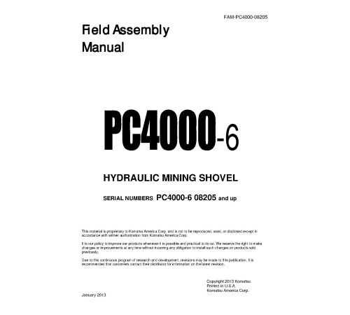 Komatsu PC4000-6 (SN from 8205) Crawler Excavators (Germany) Workshop Manual (S-PC4000-08205) Komatsu PC4000-6 (SN from 8205) Crawler Excavators (Germany) Workshop Manual (S-PC4000-08205)