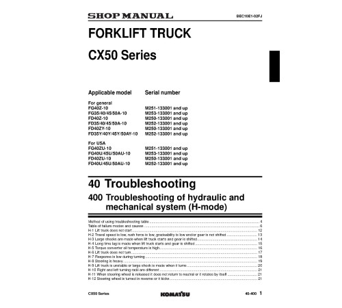 Komatsu CX50 FD35/40/45(U,Y,Z,ZU,ZY)-10,FD50A(U,Y)-10 Diesel; FG35/40/45(U,Z,ZU)-10,FG50A(U)-10 LPG Lift Truck Shop Manual (BEC10E1-09) Komatsu CX50 FD35/40/45(U,Y,Z,ZU,ZY)-10,FD50A(U,Y)-10 Diesel; FG35/40/45(U,Z,ZU)-10,FG50A(U)-10 LPG Lift Truck Shop Manual (BEC10E1-09)