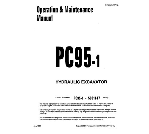 Komatsu PC95-1 (SN: R5001617-5005144) Crawler Excavators (Italy) Operate and Maintenance manual (FGADPC9510) Komatsu PC95-1 (SN: R5001617-5005144) Crawler Excavators (Italy) Operate and Maintenance manual (FGADPC9510)