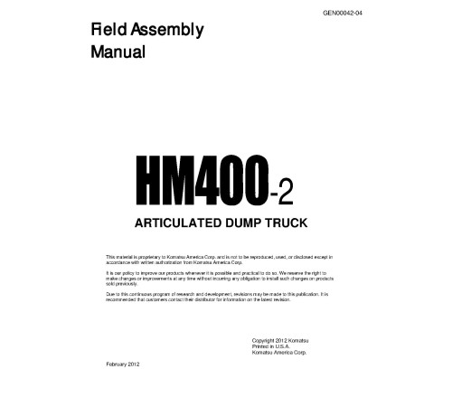 Komatsu HM400-2 (SN from 02001) Articulated Dump Trucks Field Assembly Manual (GEN00042-04) Komatsu HM400-2 (SN from 02001) Articulated Dump Trucks Field Assembly Manual (GEN00042-04)