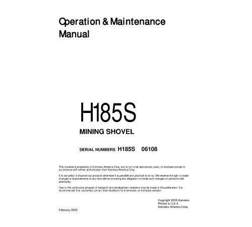Komatsu (Demag) H185S (SN: 6108) Hydraulic Shovels (Germany) Operate and Maintenance manual (H185S06108OMM) Komatsu (Demag) H185S (SN: 6108) Hydraulic Shovels (Germany) Operate and Maintenance manual (H185S06108OMM)