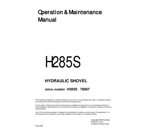 Komatsu (Demag) H285S (SN: 78067) Hydraulic Shovels (Germany) Operate and Maintenance manual (H285S78067OMM) Komatsu (Demag) H285S (SN: 78067) Hydraulic Shovels (Germany) Operate and Maintenance manual (H285S78067OMM)