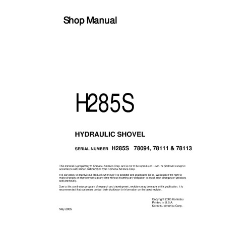 Komatsu (Demag) H285S (SN: 78094, 78111, 78113) Hydraulic Shovels (Germany) Workshop Manual (H285S78094SM) Komatsu (Demag) H285S (SN: 78094, 78111, 78113) Hydraulic Shovels (Germany) Workshop Manual (H285S78094SM)