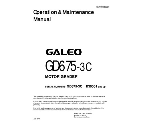 Komatsu GD675-3 (SN from B30001) Motor Graders (Japan) Operate and Maintenance manual (KEAD038000) Komatsu GD675-3 (SN from B30001) Motor Graders (Japan) Operate and Maintenance manual (KEAD038000)