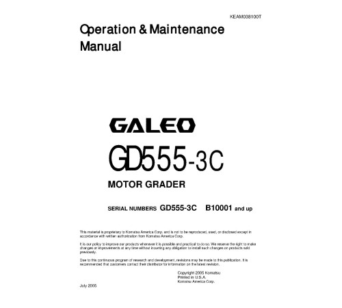 Komatsu GD555-3 (SN from B10001) Motor Graders (Japan) Operate and Maintenance manual (KEAD038100) Komatsu GD555-3 (SN from B10001) Motor Graders (Japan) Operate and Maintenance manual (KEAD038100)