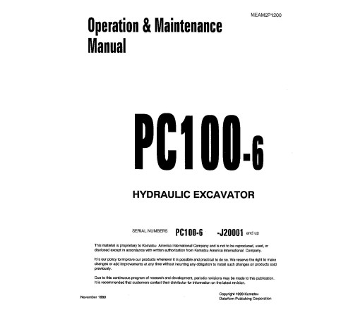 Komatsu PC100-6 (SN from J20001) Crawler Excavators (Japan) Operate and Maintenance manual (MEAD2P1200) Komatsu PC100-6 (SN from J20001) Crawler Excavators (Japan) Operate and Maintenance manual (MEAD2P1200)