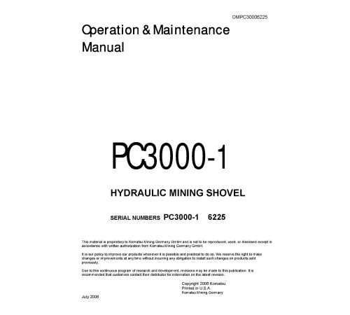 Komatsu PC3000-1 (SN: 6225) Crawler Excavators (Germany) Operate and Maintenance manual (OMPC30006225D) Komatsu PC3000-1 (SN: 6225) Crawler Excavators (Germany) Operate and Maintenance manual (OMPC30006225D)