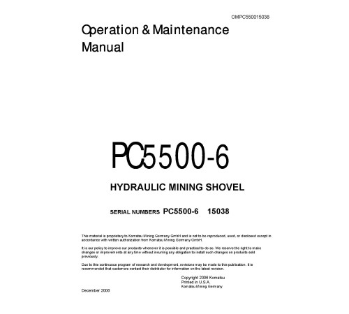 Komatsu PC5500-6 (SN: 15038) Crawler Excavators (Germany) set of Operate and Maintenance manuals (OMPC550015038D) Komatsu PC5500-6 (SN: 15038) Crawler Excavators (Germany) set of Operate and Maintenance manuals (OMPC550015038D)
