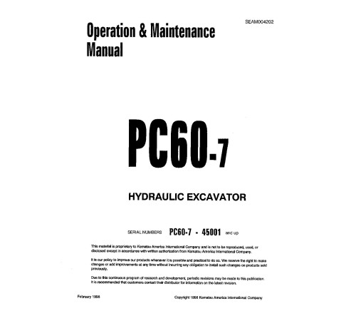 Komatsu PC60-7 (SN: 45001-48877) Crawler Excavators (Japan) Operate and Maintenance manual (SEAD004202) Komatsu PC60-7 (SN: 45001-48877) Crawler Excavators (Japan) Operate and Maintenance manual (SEAD004202)