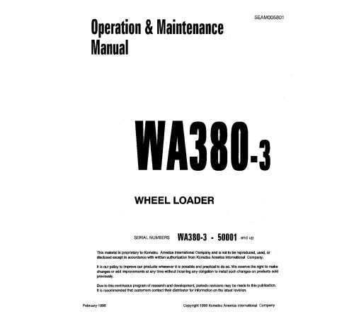 Komatsu WA380-3 (SN from 50001) 4WD Wheeled Loaders (Japan) Operate and Maintenance manual (SEAD005801) Komatsu WA380-3 (SN from 50001) 4WD Wheeled Loaders (Japan) Operate and Maintenance manual (SEAD005801)