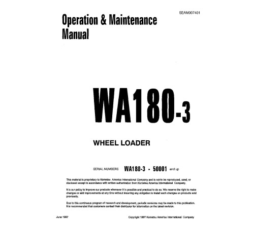 Komatsu WA180-3 and WA180-3-A 4WD Wheeled Loaders (Japan) Operate and Maintenance manual (SEAD007401) Komatsu WA180-3 and WA180-3-A 4WD Wheeled Loaders (Japan) Operate and Maintenance manual (SEAD007401)