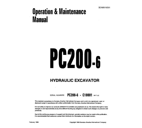 Komatsu PC200-6 (SN: C10001-10567) Crawler Excavators (Thailand) Operate and Maintenance manual (SEAD016301) Komatsu PC200-6 (SN: C10001-10567) Crawler Excavators (Thailand) Operate and Maintenance manual (SEAD016301)