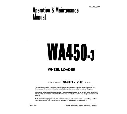 Komatsu WA450L-3 (SN from 53001) 4WD Wheeled Loaders (Japan) Operate and Maintenance manual (SEAD020900) Komatsu WA450L-3 (SN from 53001) 4WD Wheeled Loaders (Japan) Operate and Maintenance manual (SEAD020900)