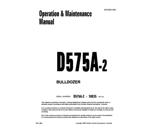 Komatsu D575A-2 (SN from 10035) Crawler Dozers (Japan) Operate and Maintenance manual (SEAD021800) Komatsu D575A-2 (SN from 10035) Crawler Dozers (Japan) Operate and Maintenance manual (SEAD021800)