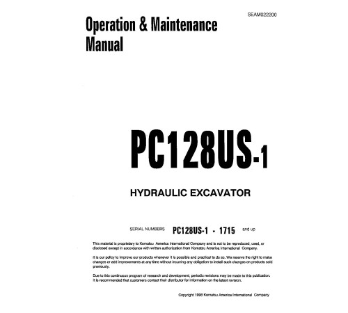 Komatsu PC128US-1 (SN from 01715) Crawler Excavators (Japan) Operate and Maintenance manual (SEAD022200) Komatsu PC128US-1 (SN from 01715) Crawler Excavators (Japan) Operate and Maintenance manual (SEAD022200)