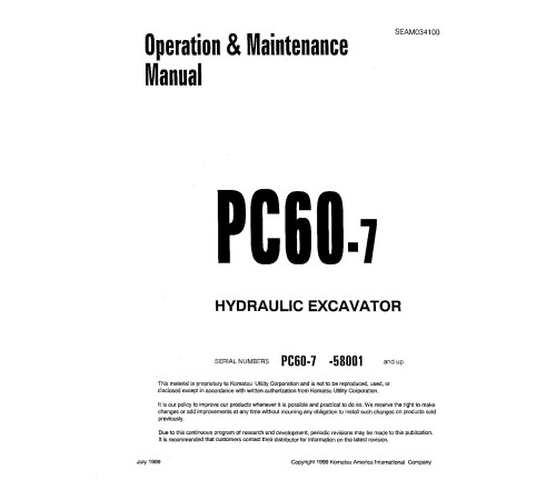 Komatsu PC60-7 (SN: 58001-59596) Crawler Excavators (Japan) Operate and Maintenance manual (SEAD034100) Komatsu PC60-7 (SN: 58001-59596) Crawler Excavators (Japan) Operate and Maintenance manual (SEAD034100)