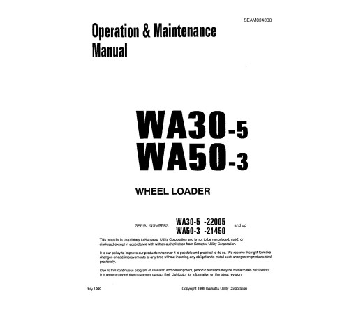 Komatsu WA30-5 and WA50-3 4WD Wheeled Loaders (Japan) Operate and Maintenance manual (SEAD034300) Komatsu WA30-5 and WA50-3 4WD Wheeled Loaders (Japan) Operate and Maintenance manual (SEAD034300)