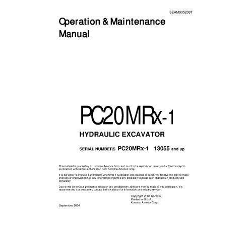 Komatsu PC20MRX-1 (SN from 13055) Crawler Excavators (Japan) Operate and Maintenance manual (SEAD035203) Komatsu PC20MRX-1 (SN from 13055) Crawler Excavators (Japan) Operate and Maintenance manual (SEAD035203)