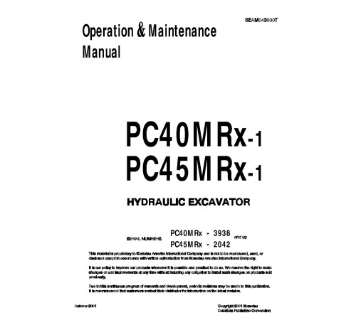 Komatsu PC40MRX-1 (SN:03938-05500), PC45MRX-1 (SN:02042-03000) Crawler Excavators (Japan) Operate and Maintenance manual (SEAD043000) Komatsu PC40MRX-1 (SN:03938-05500), PC45MRX-1 (SN:02042-03000) Crawler Excavators (Japan) Operate and Maintenance manual (SEAD043000)