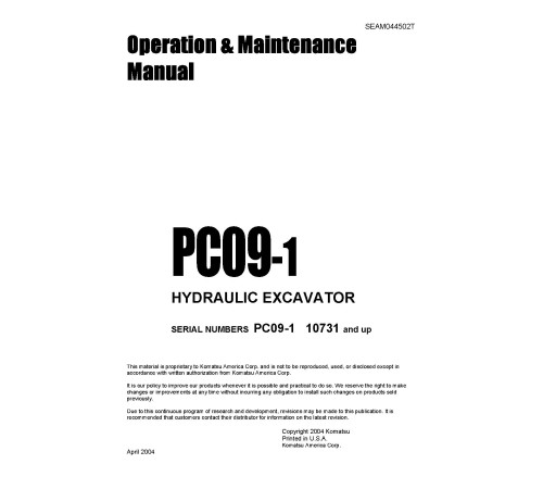 Komatsu PC09-1 (SN: 10731-12000) Crawler Excavators (Japan) Operate and Maintenance manual (SEAD044502) Komatsu PC09-1 (SN: 10731-12000) Crawler Excavators (Japan) Operate and Maintenance manual (SEAD044502)