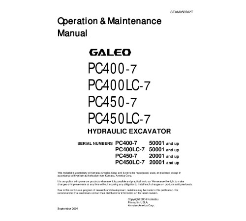 Komatsu PC400(LC)-7 (SN:50001-50287), PC450(LC)-7 (SN:20001-20234) Crawler Excavators Operate and Maintenance manual (SEAD056502) Komatsu PC400(LC)-7 (SN:50001-50287), PC450(LC)-7 (SN:20001-20234) Crawler Excavators Operate and Maintenance manual (SEAD056502)