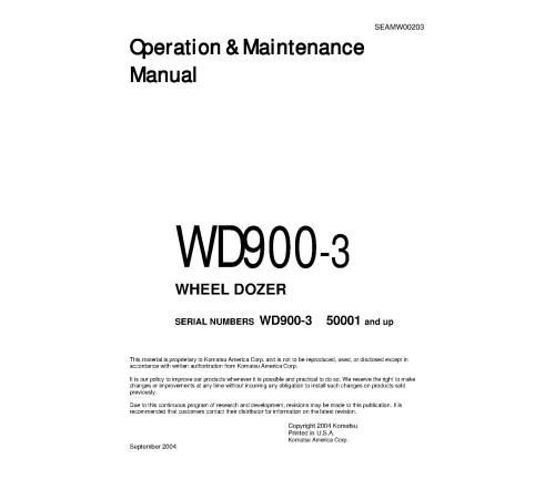 Komatsu WD900-3 (SN from 50001) Wheeled Dozers (Japan) Operate and Maintenance manual (SEADW00203) Komatsu WD900-3 (SN from 50001) Wheeled Dozers (Japan) Operate and Maintenance manual (SEADW00203)