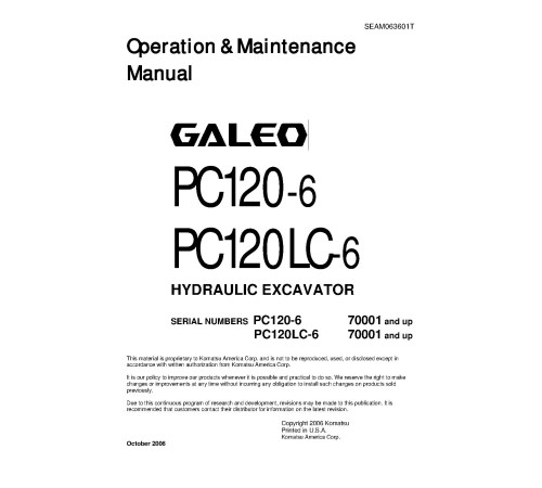 Komatsu PC120-6 (SN from 70001) and PC120LC-6 (SN from 70001) Crawler Excavators (Japan) Operate and Maintenance manual (SEAM063601TD) Komatsu PC120-6 (SN from 70001) and PC120LC-6 (SN from 70001) Crawler Excavators (Japan) Operate and Maintenance manual (SEAM063601TD)