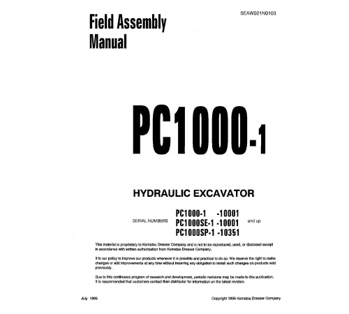 Komatsu PC1000-1, PC1000LC-1 and PC1000SE-1 Crawler Excavators (Japan) Field Assembly Manual (SEAWD021N0103) Komatsu PC1000-1, PC1000LC-1 and PC1000SE-1 Crawler Excavators (Japan) Field Assembly Manual (SEAWD021N0103)