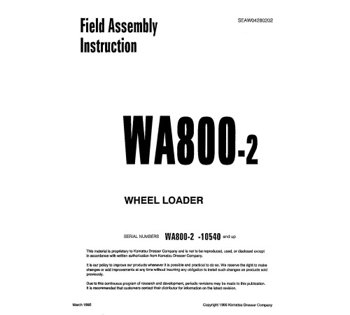 Komatsu WA800-2 (SN from 10540) 4WD Wheeled Loaders (Japan) Field Assembly Manual (SEAWD04280202) Komatsu WA800-2 (SN from 10540) 4WD Wheeled Loaders (Japan) Field Assembly Manual (SEAWD04280202)