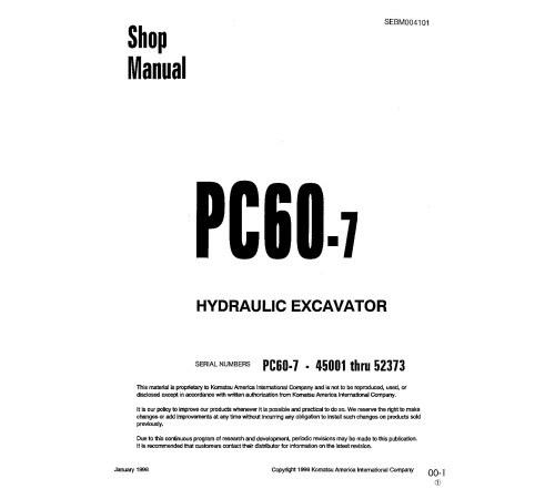 Komatsu PC60-7 (SN: 45001-52373) Crawler Excavators (Japan) Workshop Manual (SEBD004101) Komatsu PC60-7 (SN: 45001-52373) Crawler Excavators (Japan) Workshop Manual (SEBD004101)