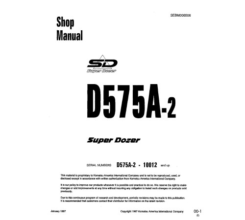 Komatsu Super Dozer D575A-2 (SN from 10012) Crawler Dozers (Japan) Workshop Manual (SEBD006506) Komatsu Super Dozer D575A-2 (SN from 10012) Crawler Dozers (Japan) Workshop Manual (SEBD006506)