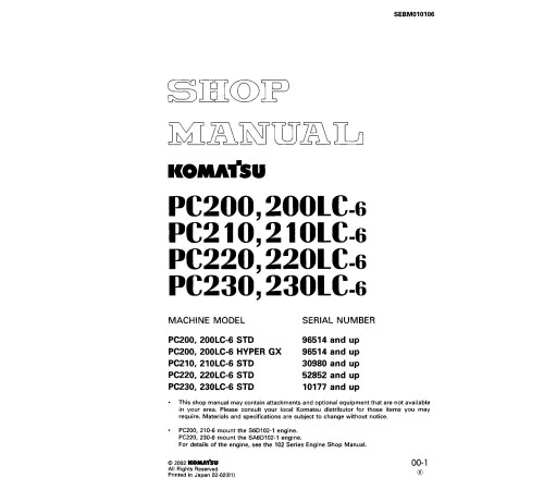 Komatsu PC200(LC)-6(SN:96514-), PC210(LC)-6(SN:30980-), PC220(LC)-6(SN:52852-), PC230(LC)-6 Crawler Excavators Shop Manual (SEBD010106) Komatsu PC200(LC)-6(SN:96514-), PC210(LC)-6(SN:30980-), PC220(LC)-6(SN:52852-), PC230(LC)-6 Crawler Excavators Shop Manual (SEBD010106)