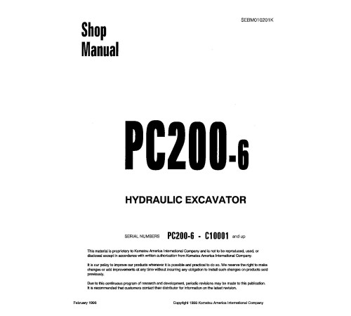 Komatsu PC200-6 (SN from C10001) Crawler Excavators Workshop Manual (SEBD010201) Komatsu PC200-6 (SN from C10001) Crawler Excavators Workshop Manual (SEBD010201)