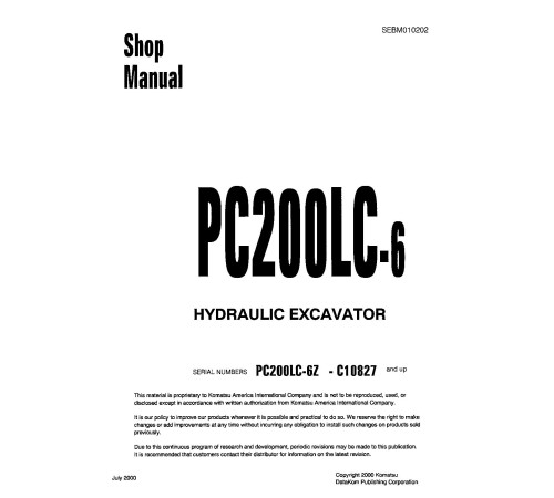 Komatsu PC200LC-6Z (SN: C10827-30091) Crawler Excavators (Thailand) Workshop Manual (SEBD010202) Komatsu PC200LC-6Z (SN: C10827-30091) Crawler Excavators (Thailand) Workshop Manual (SEBD010202)