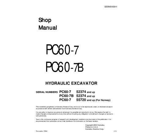 Komatsu PC60-7 (SN from 52374) and PC60-7B (SN from 52374) Crawler Excavators (Japan) Workshop Manual (SEBD010911) Komatsu PC60-7 (SN from 52374) and PC60-7B (SN from 52374) Crawler Excavators (Japan) Workshop Manual (SEBD010911)