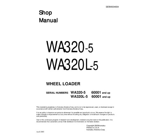Komatsu WA320L-5 (SN from 60001) 4WD Wheeled Loaders (Japan) Workshop Manual (SEBM034604)