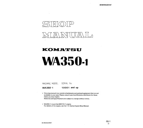 Komatsu WA350-1 (SN from 10001) 4WD Wheeled Loaders (Japan) Workshop Manual (SEBM04230107)